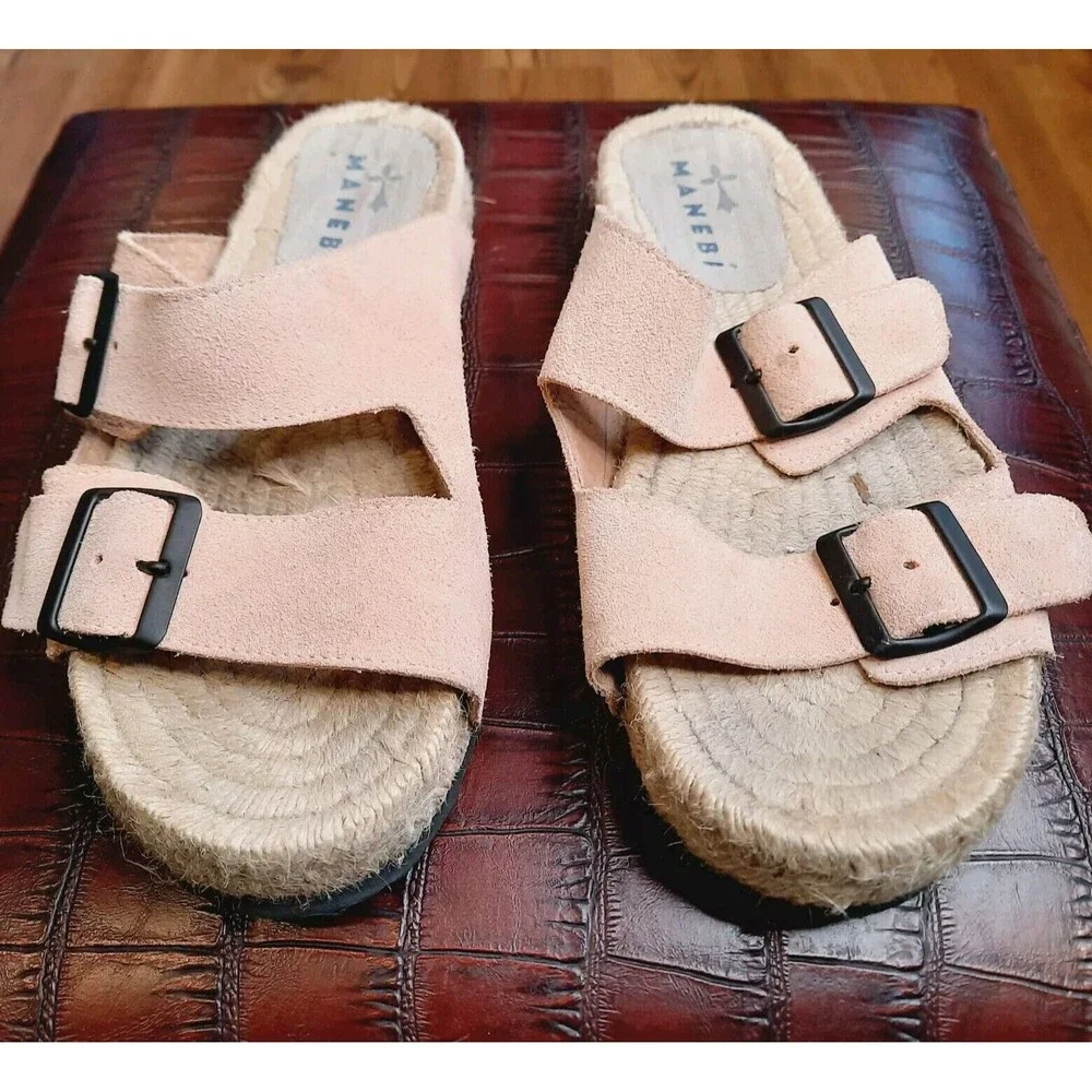 Manebi Nordic Suede Slide Sandals Palm Green Dusty Blush Rose Size 41 Or 10.5